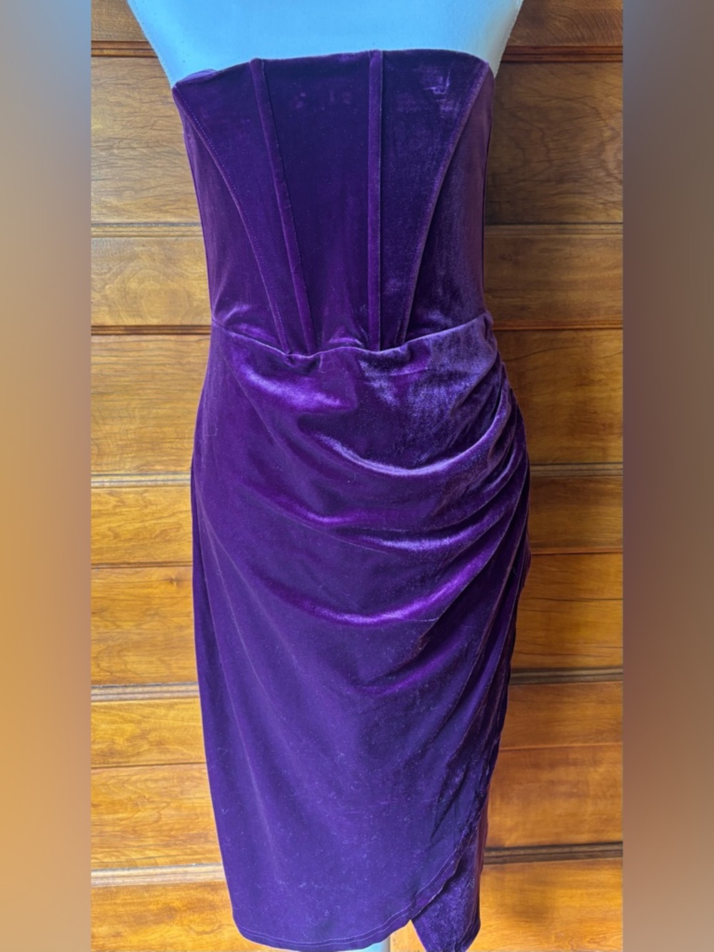 Lulu's Strapless Velvet Midi Dress in Deep Plum